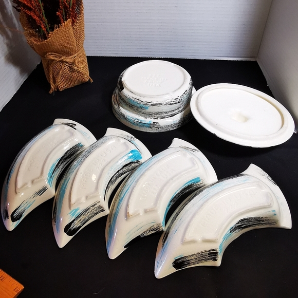 California Pottery Vintage Serving Set Blue and Black Brushstroke Plaid 6 Pieces - Picture 9 of 16